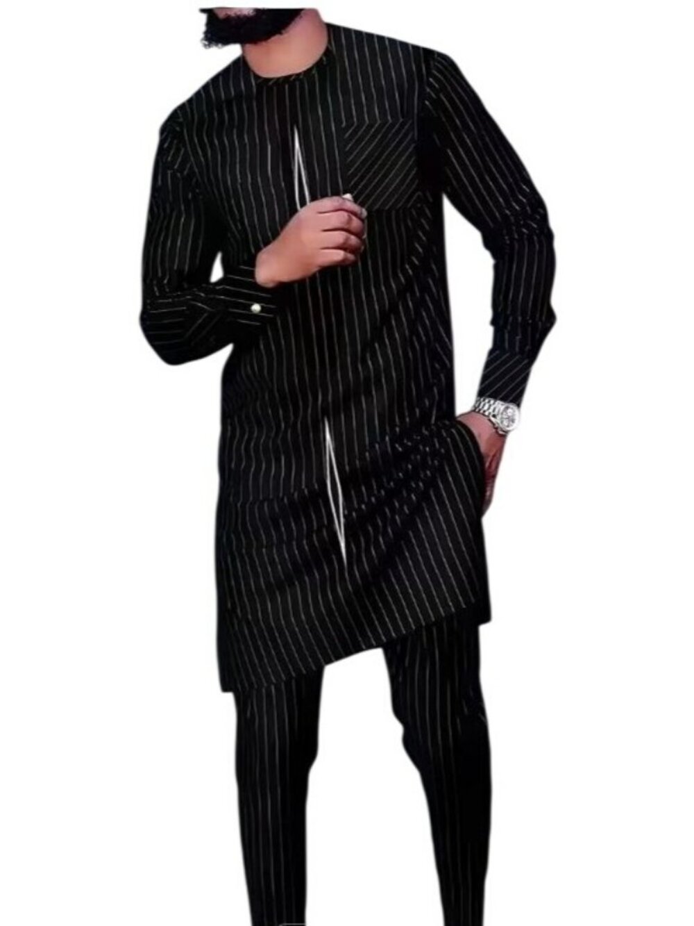 African Formal Dashiki black & white striped Pant Suit Traditional Dress Outfit